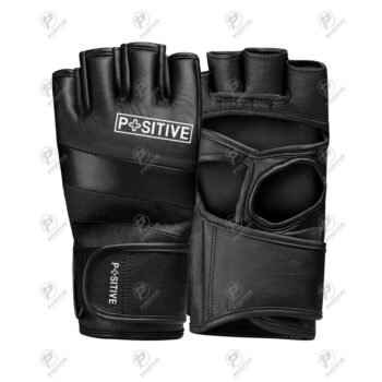 Positive Black Leather MMA Pro Style Grappling Gloves