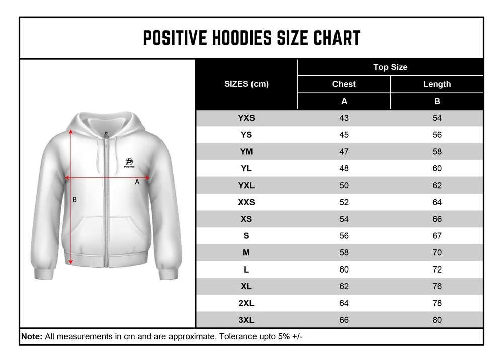 Positive Manufacturing Fleece Hoodies Size Chart